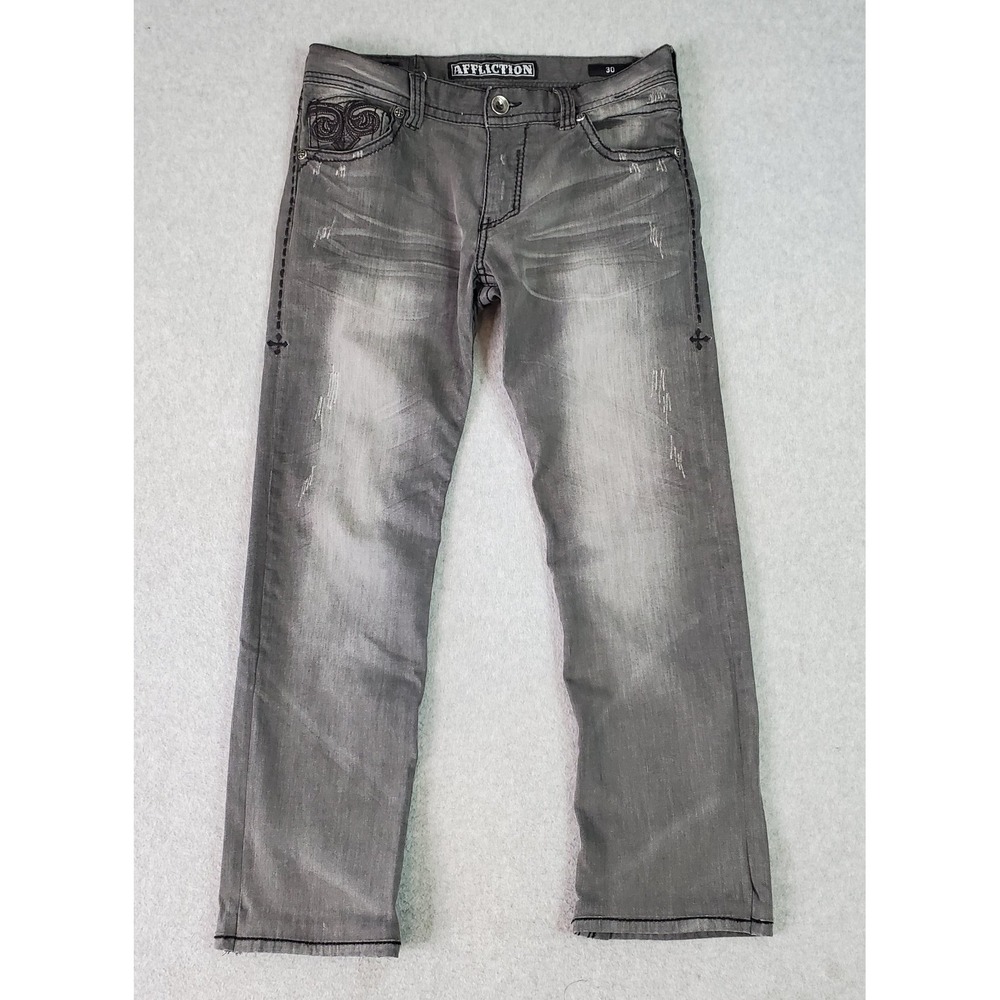 Affliction Denim Men's Jeans Blake Relaxed Straight Men's 30X27 Gray Embroidered
